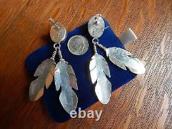 Navajo Ben Begaye Sterling Silver Long Turquoise Pierced Dangle Feather Earrings