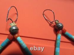 Navajo Natural Turquoise + Red Coral Vintage Long Earrings Sterling Silver