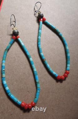Navajo Natural Turquoise + Red Coral Vintage Long Earrings Sterling Silver