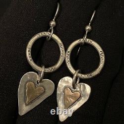 Nice Vintage Estate Sterling Silver Hand Stamped Heart Dangle Earrings 2 X 5/8