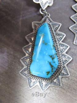 Old Pawn Vintage Navajo Begaye Blue Gem Large Turquoise Sterling Silver Earrings