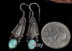OLD Pawn Vintage Navajo Old TURQUOISE Squash Blossom Sterling Dangle Earrings