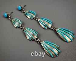 OLD Vintage Zuni Sterling Silver Turquoise Inlay Dangle Earrings 2.75 AWESOME