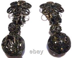 Old Great Vintage Sterling Silver Estate Filigree Womens Ball Dangle Earrings