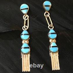Old Pawn Vintage Estate Sterling Silver Onyx Turquoise Native Dangle Earrings
