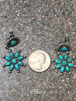 Old Pawn Vintage Navaho Sterling Snake Eye Turquoise Squash Blossom Earrings