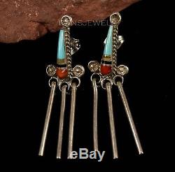 Old Pawn Vintage ZUNI Post Dangle Drop Coral Turquoise Inlay Sterling Earrings