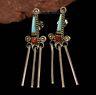 Old Pawn Vintage Zuni Post Dangle Drop Coral Turquoise Inlay Sterling Earrings