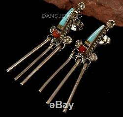 Old Pawn Vintage ZUNI Post Dangle Drop Coral Turquoise Inlay Sterling Earrings