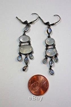 Old Vintage Antique Sterling Silver & Moonstone Tiered Dangle Pierced Earrings