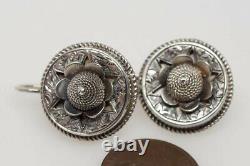 PRETTY ANTIQUE VICTORIAN ENGLISH STERLING SILVER FLOWER EARRINGS c1880