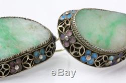 Pair Vintage Chinese Export Sterling Silver Enameled Carved Green Jade Earrings