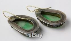 Pair Vintage Chinese Export Sterling Silver Enameled Carved Green Jade Earrings