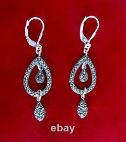 Pair of Vintage 2-Inch Marcasite & Sterling Silver Earrings/Boho/Hippie