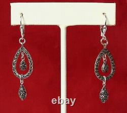 Pair of Vintage 2-Inch Marcasite & Sterling Silver Earrings/Boho/Hippie