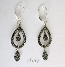 Pair of Vintage 2-Inch Marcasite & Sterling Silver Earrings/Boho/Hippie