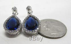 Pair of Vintage Italian Sterling Silver Pear Cut Genuine Sapphire Earrings yqz