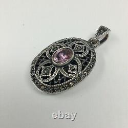 Pair of Vintage Sterling Silver Lockets Pink CZ Stones & Marcasites