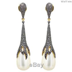Pearl 14K Gold Diamond Dangle Vintage Inspired Earrings Sterling Silver Jewelry