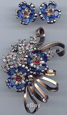Pennino Vintage Gold Wash Sterling Silver Rhinestone Flowers Pin & Earrings Set