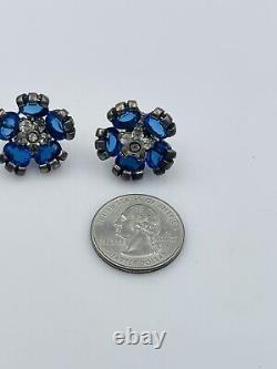 Pennino Vintage Sterling Silver Blue Glass Rhinestone Flower Screw Back Earrings