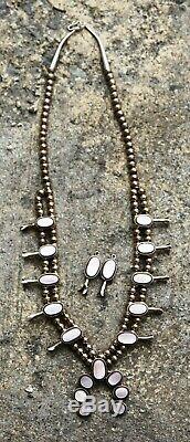 Pink Abalone Mother Pearl Vintage Squash Blossom Sterling Necklace Earrings