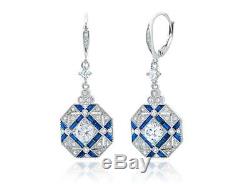 Platinum Sterling Silver Blue & White Sapphire Halo Design Vintage Drop Earrings