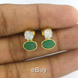 Polki Diamond Emerald Stud Earrings 925 Sterling Silver Vintage Jewelry VE335