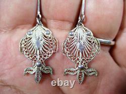 Pr Vintage Filigree Sterling Silver Tribal Fish Goldfish Dangle Earrings Asian