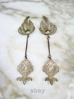 Pr Vintage Filigree Sterling Silver Tribal Fish Goldfish Dangle Earrings Asian