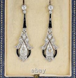 Rare Belle Epoque 3.20 CT Transparent CZ & Black Onyx 925 Silver Vintage Earring