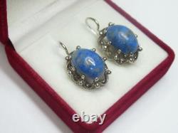 Rare Chic Vintage Russian Earrings Sterling Silver 916 Lapis Lazuli Stone USSR