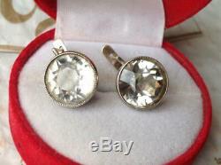 Rare Natural Rock Crystal Vintage Russian USSR Gilt Sterling Silver 875 Earrings