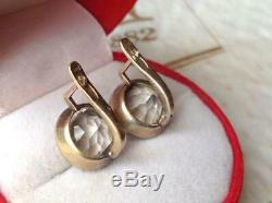 Rare Natural Rock Crystal Vintage Russian USSR Gilt Sterling Silver 875 Earrings
