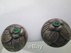 Rare Vintage Georg Jensen 64 Denmark Sterling Silver Green Agate Earrings