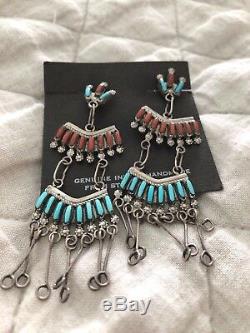 Rare Vintage Native American Zuni Sterling Turquoise Needle Point Earrings