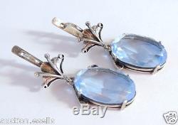Rare Vintage Russian Art Deco Sterling Silver 925 Womens Blue Quartz Earrings