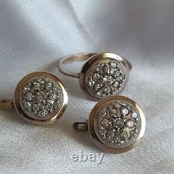 Rare Vintage Soviet Sterling Silver Set Ring Earrings Size 8 Gold Plated USSR