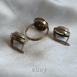 Rare Vintage Soviet Sterling Silver Set Ring Earrings Size 8 Gold Plated USSR