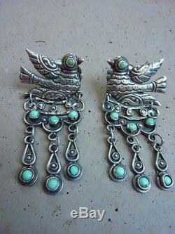 Rare Vintage Sterling Silver Turquoise Matl Matilde Poulat Mexico Bird Earrings