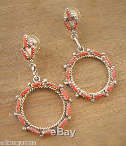 SALE Vintage ZUNI Sterling Silver & Old Red Med CORAL NeedlePoint EARRINGS