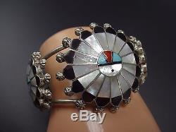 SIGNED Vintage ZUNI Sterling Silver Sun Face INLAY Bracelet Ring Earrings SET