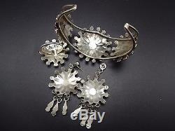 SIGNED Vintage ZUNI Sterling Silver Sun Face INLAY Bracelet Ring Earrings SET
