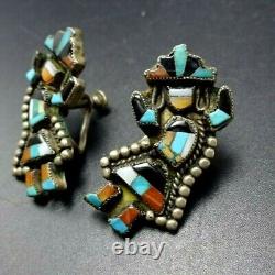 SPECTACULAR Vintage Sterling Silver RAINBOW MAN Inlay EARRINGS Screwback