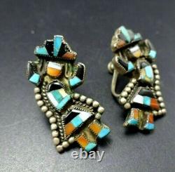 SPECTACULAR Vintage Sterling Silver RAINBOW MAN Inlay EARRINGS Screwback