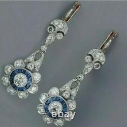 Sapphire Engagement Vintage Art Deco Earrings 2.28Ct Diamond 925 Sterling Silver