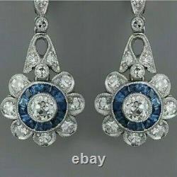 Sapphire Engagement Vintage Art Deco Earrings 2.28Ct Diamond 925 Sterling Silver