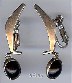 Sigi Pineda Vintage Modernist Mexico Sterling Silver & Onyx Dangle Earrings