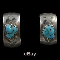 Signed Navajo Native American Vintage Turquoise Sterling Silver Post Earrings