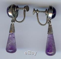 Signed Taxco Vintage Mexican Sterling Silver Amethyst Dangle Screwback Earrings